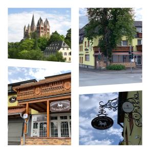 four different pictures of a building and a church at zum weißen Ross in Limburg an der Lahn