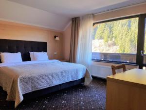 a bedroom with a bed and a large window at Carpatica Lodge in Moieciu de Sus