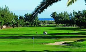 a golf course with palm trees and a putting green at Best Views Meloneras Deluxe 113 in San Bartolomé de Tirajana