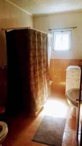 een badkamer met een douche, een toilet en een raam bij Casa Amaral in Santo António