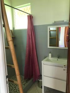 a bathroom with a shower curtain and a sink at Le repaire des Caraïbes in Trois-Rivières +34 photos