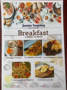 a flyer for a breakfast restaurant with pictures of food at Jasmine Vangvieng Hotel in Vang Vieng