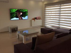 uma sala de estar com um sofá e uma televisão na parede em Salamis Park em Famagusta
