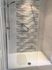 a shower with a glass door in a bathroom at Athgarvan B&B in Newbridge