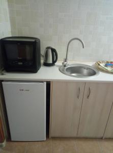 eine Küchentheke mit einer Spüle und einer Mikrowelle in der Unterkunft Apartament on Komarova 29 вулиця Комарова 29 in Kropywnyzkyj