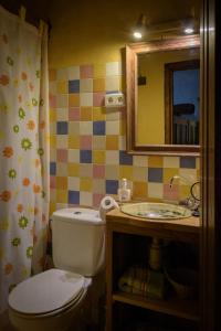a bathroom with a toilet and a sink and a mirror at Casa Rural Caenia Grupos in Traguntia +5 photos