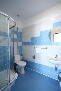 a blue and white bathroom with a toilet and a sink at PENZION VERMON in Svitavy