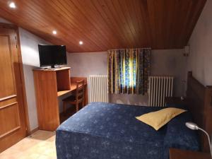 Schlafzimmer mit einem Bett, einem Schreibtisch und einem TV in der Unterkunft Hostal Cal Franciscó in Gósol