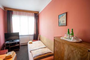 a room with a bed and a television with bottles on a dresser at Penzion Menšík in Kroměříž