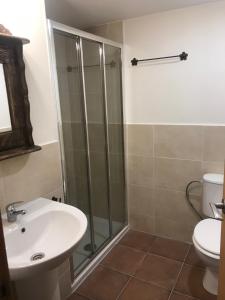 a bathroom with a shower and a sink and a toilet at Casa Rural Araceli in Yésero +13 photos