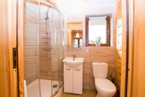 a bathroom with a toilet and a shower and a sink at domki letniskowe Ustka Sosnowo in Ustka