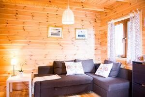 a living room with a couch in a log cabin at domki letniskowe Ustka Sosnowo in Ustka