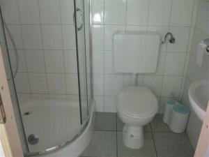 une salle de bain avec toilettes, douche et lavabo dans l'établissement 2-Zimmer-Ferienhäuschen am Bodensee, à Güttingen