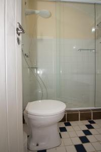 La salle de bains est pourvue de toilettes et d'une douche en verre. dans l'établissement Pousada Costa do Sapê, à Angra dos Reis