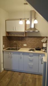 una cocina con armarios azules y fregadero en Enjoy Apartment, en Timisoara