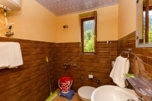baño con lavabo y aseo y ventana en Zostel Homes Rakchham (Kinnaur/Sangla/Chitkul) en Saturang