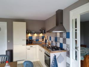 a kitchen with white cabinets and a stove top oven at Gastenverblijf De Natureluur in Noorden
