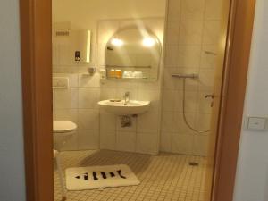 a bathroom with a sink and a toilet and a shower at Ostsee-Residenz 17 in Damp