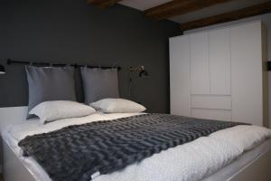 sypialnia z dużym łóżkiem z 2 poduszkami w obiekcie Apartament na starówce Toruń w Toruniu