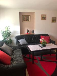 uma sala de estar com um sofá de couro preto e uma mesa de centro em Apartment near center em Sarajevo