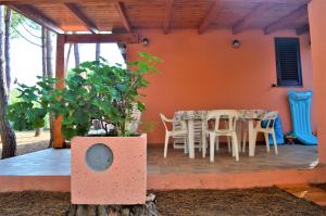 eine Terrasse mit einem Tisch, Stühlen und einer Pflanze in der Unterkunft Pineta Spiaggia Grande 2 in SantʼAntìoco