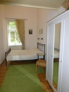1 dormitorio con cama, ventana y alfombra verde en Apartment Sadova, en Karlovy Vary