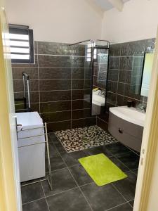 a bathroom with a shower and a sink and a tub at ZANNANNA F1 de charme tout équipé Le Moule avec piscine in Le Moule