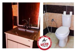 ein Badezimmer mit einem WC und einem Waschbecken mit einem Spiegel in der Unterkunft Wadi Rum Desert Base Camp in Wadi Rum