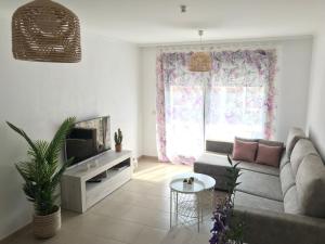 ein Wohnzimmer mit Sofa und Fernseher in der Unterkunft Apartamentos Trebol in Sanxenxo