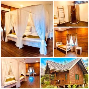 a collage of pictures of a room with a bed and a house at Bayu Lestari Island Resort in Mersing
