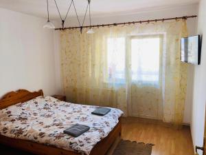 a bedroom with a bed and a window at Apartament Zarnesti in Zărneşti