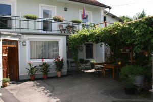 a house with a patio and a balcony with plants at Pension Pock in Tieschen