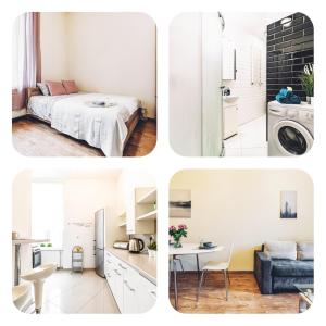 un collage de tres fotos de una cocina y un dormitorio en Apartament Żółty Narutowicza 11, en Lublin