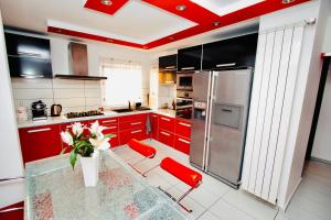 a kitchen with red cabinets and a vase of flowers at Red Nest Homestay in Cluj-Napoca