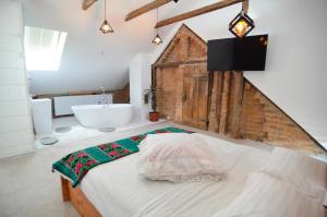 um quarto com uma cama grande e uma banheira em Agropensiunea Maria em Hîrşeni