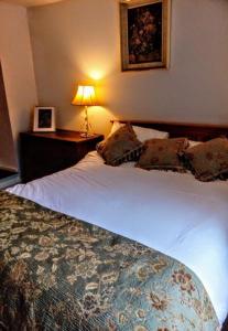 een slaapkamer met een groot bed met een lamp erop bij The Boat Inn in Monmouth