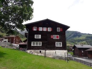 a black house with white windows on a green field at Tgèsa Felici in Sedrun