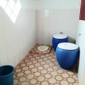 uma casa de banho com 2 WC azuis e piso em azulejo em Almira Homestay near Airport em Jambi