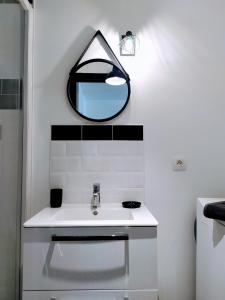 a bathroom with a sink and a mirror on the wall at 1 Emplacement Parfait ! 150m de la mer et de la rue Piétonne in Dieppe