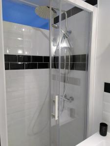 a shower with a glass door in a bathroom at 1 Emplacement Parfait ! 150m de la mer et de la rue Piétonne in Dieppe