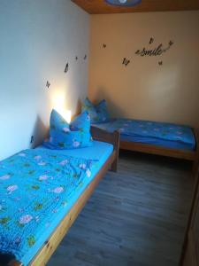 2 camas en una habitación con pájaros en la pared en Ferienwohnung Preuß, en Martinlamitz