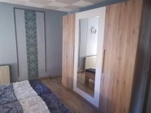 1 dormitorio con espejo grande y cama en Ferienwohnung Preuß, en Martinlamitz