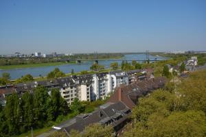 ein Blick auf eine Stadt mit einem Fluss und Gebäuden in der Unterkunft Luxury apartment in Düsseldorf near trade fair in Düsseldorf
