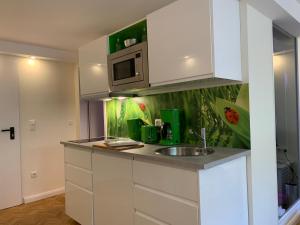 a kitchen with a sink and a microwave at Schick Hamburg in Geesthacht