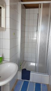 a bathroom with a shower and a tub and a sink at Gasthaus Goldner Löwe in Friesau
