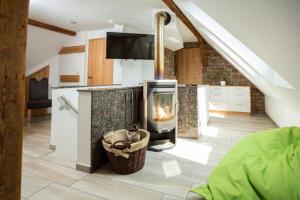 een keuken met een open haard in het midden van een kamer bij Ferienwohnung Harztraum in Bad Sachsa