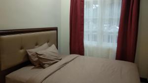 un letto con un cuscino e una finestra con tende rosse di Homestay Lovebird a Wonosobo