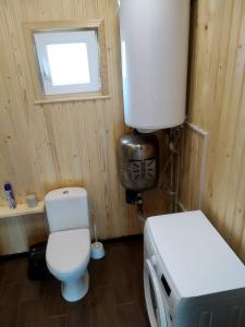 a small bathroom with a toilet and a window at Пагорб Їжака / Hedgehog Hill in Yablunytsya +19 photos
