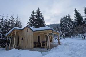 a wooden cabin with snow on top of it at Vila Mura in Topliţa