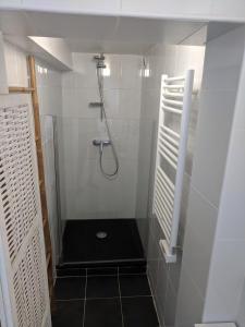 baño con ducha y suelo negro en 2 person Apartment Ascain, en Ascain